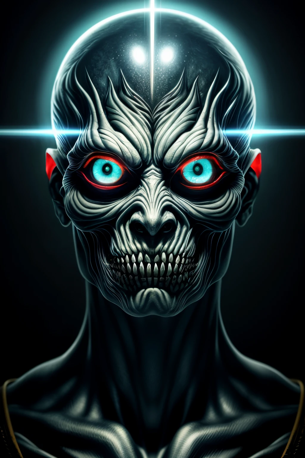 In this captivating upclose frame, an optic illusion comes to life with a chilling monster face staring back at the viewer. The intricate details of the monster's grotesque features are so lifelike that it seems almost real, sending a shiver down one's spine. The RAW style of the image showcases every imperfection, every wrinkle, and every fang with shocking clarity. The monster's eyes, filled with an eerie glow, seem to follow the viewer, creating an unsettling sensation. The cinematic light, casting a deep shadow over the monster's face, adds an extra layer of suspense, making this a truly unforgettable masterpiece