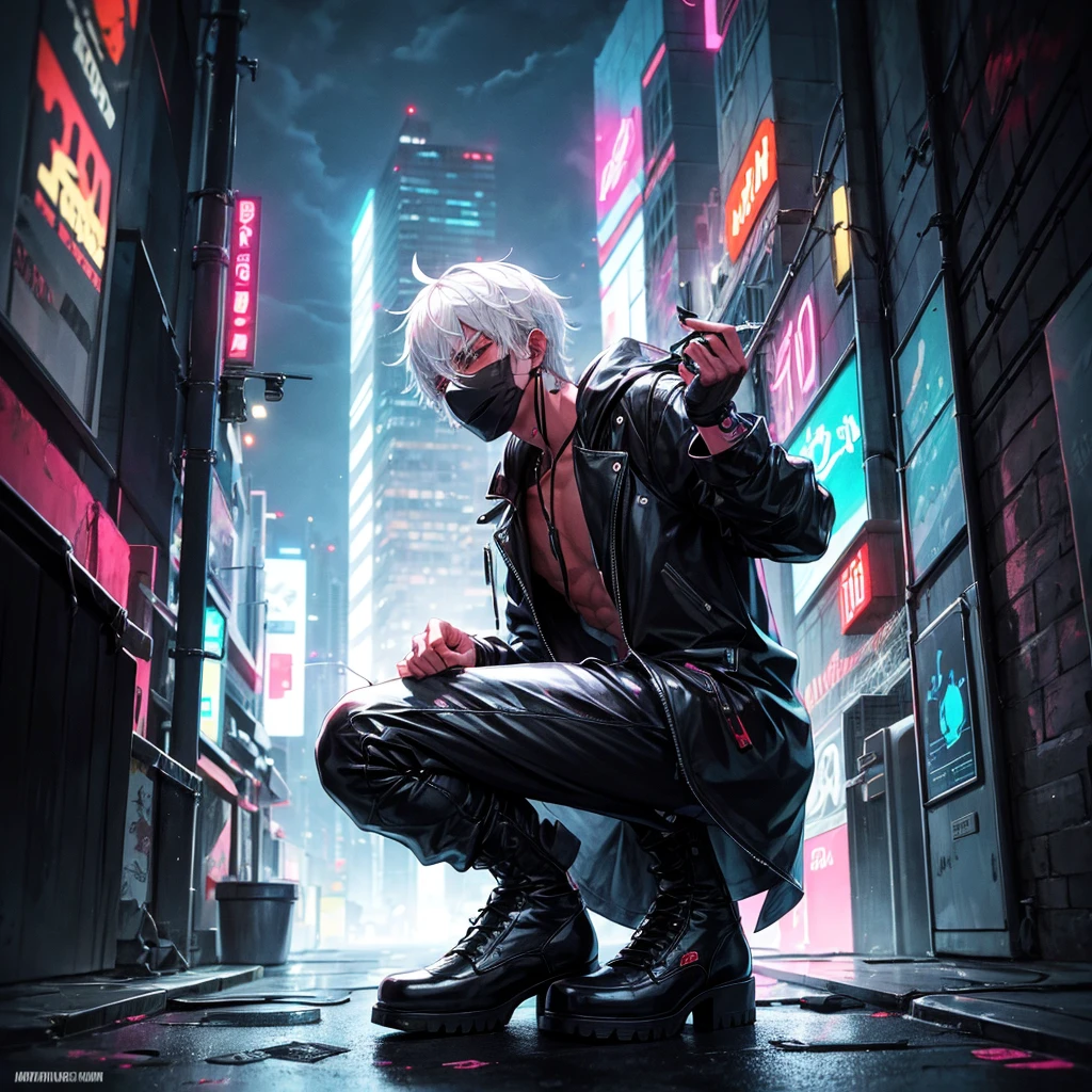 neon cyberpunk drawing style, white haired guy squatting in the alley, skyscrapers and moon in the background, night, he holds a bat with the inscription freak in his right hand and throws it over his head, He is dressed in a black leather raincoat, a white T-shirt with print the "Look at the Devil CRYING", and wears a black mask covering the lower half of his face, red outline