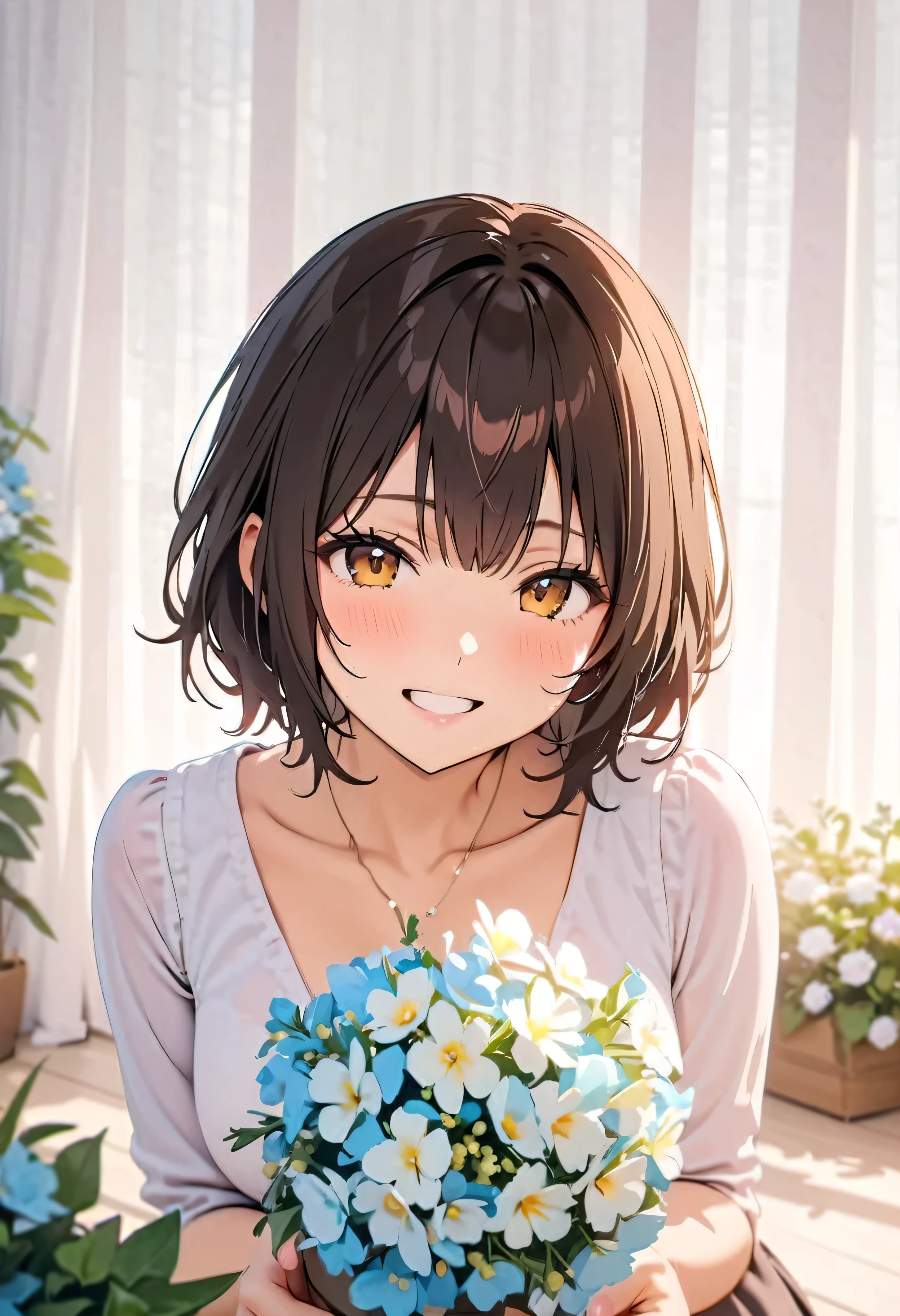 (最high quality, masterpiece, High resolution), (High Definition Skins: 1.2), 8k UHD, Soft Light, high quality, Volumetric Light, there is a woman sitting on the floor, With flowers, Surrounded by frozen flowers, In a white room, female portrait With flowers, In a white room, sitting With flowers, Soft and fantastic lighting, Beautiful young black-haired woman, Fantastic and dreamy, 4K, 8k, Background Blur, smile