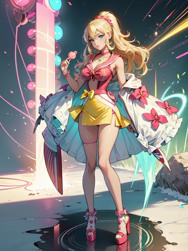 1 girl, (gyaru), [ganguro], long blonde hair, dark skinned girl, curly hair, light blue eyes, eye shadow (neon green), neon green lipstick, neon yellow nail polish, big breasts, [huge breasts], only bikini top (micro), white coat, open coat, black sailor collar, [miniskirt], pencil skirt, (high waist skirt: 1.5), (puffy leg warmers), sports shoes, (platform sports shoes) and high heels, wide beaded bracelets, female warrior, weapon, [mace], (holding) a translucent red (lollipop mace: 1.0) in her right hand), buckler, (on her left arm a mint candy buckler: 1.0), standing, legs spread,