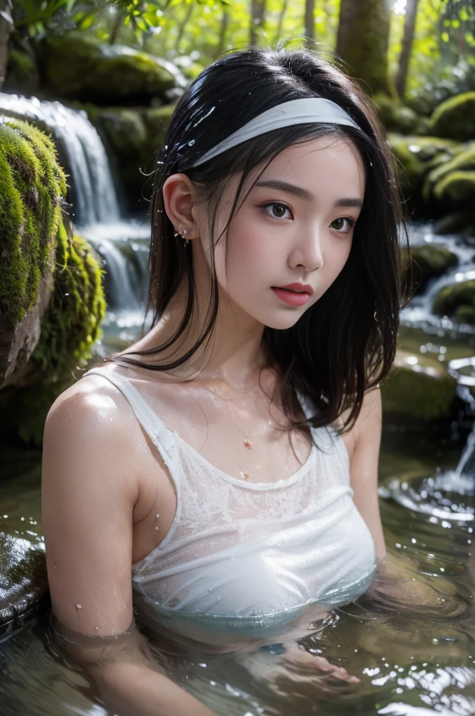 best quality, Masterpiece, Ultra high resolution, Ford Ka soaks in a hot spring in Japan, outdoor hot spring, stone hot spring, Surrounded by moss and trees, Very beautiful face, No makeup, Her hand picked up water and washed her face., There is some water dripping., Clearly visible pores, Wear a separate lace headband., perfect body (realism: 1.8), original photo, Her body was soaked all the way to her chest., covered with sweat, bare shoulders, in the dark, smoke, deep shadow, side view, Candid Photo, discreet and cool light, cool light