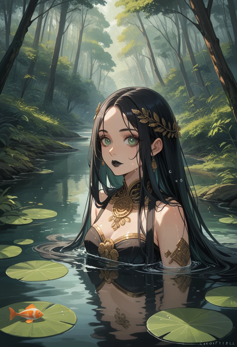 Girl 1,Вокруг Туман и a mystic,Natural river in ancient forest, mirror reflection on the river,gorgeous beautiful face, Neckline with leaves and splashes of water,black makeup and black lipstick, dark atmosphere,Clear colors,long hair,Fishes swim in the river,standing in the water,clear detail,bright green eyes,Dressed in Lightweight Patterned Fabric, Got wet from water,Hands lead on water,Forming a small ripple,Clear drawing,Not Common Colors,a mystic,Black purple,Image of a Beauty with a Perfect Body,Like a Goddess, An unimaginable masterpiece,Clear Details and Rendering,Maximum Quality,8k Ultra Detail