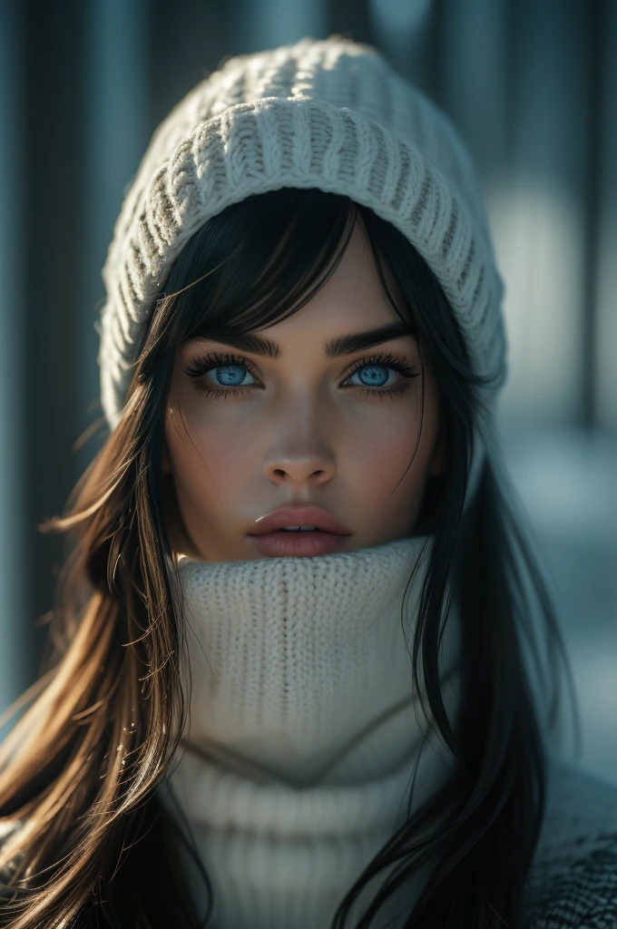 Megan Fox, portrait, ultra detailed Nordic eyes, bangs, knit sweater, winter, (((masterpiece, ultra detailed face))).