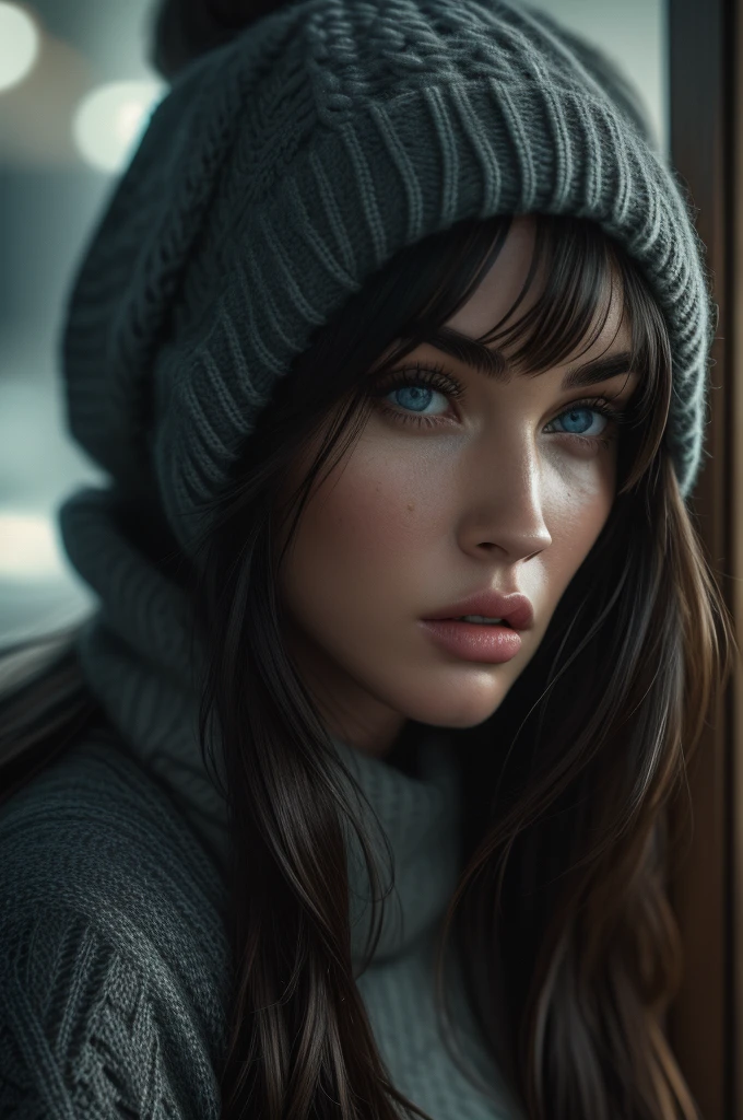 Megan Fox, portrait, ultra detailed Nordic eyes, bangs, knit sweater, winter, (((masterpiece, ultra detailed face))).