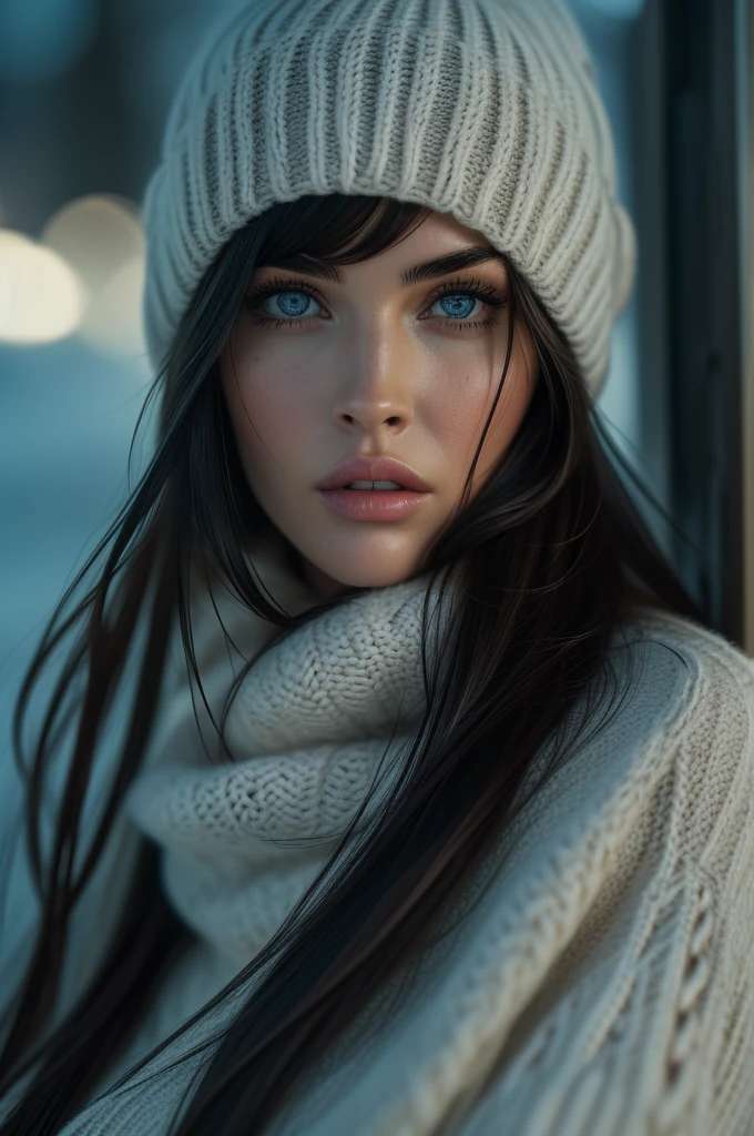 Megan Fox, portrait, ultra detailed Nordic eyes, bangs, knit sweater, winter, (((masterpiece, ultra detailed face))).