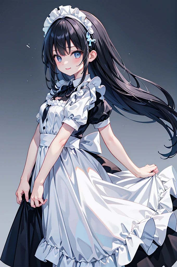 high resolution,smile,woman,woman1人,adult,cute, Black Hair,BREAK, Light blue eyes,BREAK,
Maid clothes,BREAK,Facing forward,BREAK,Light blue background,