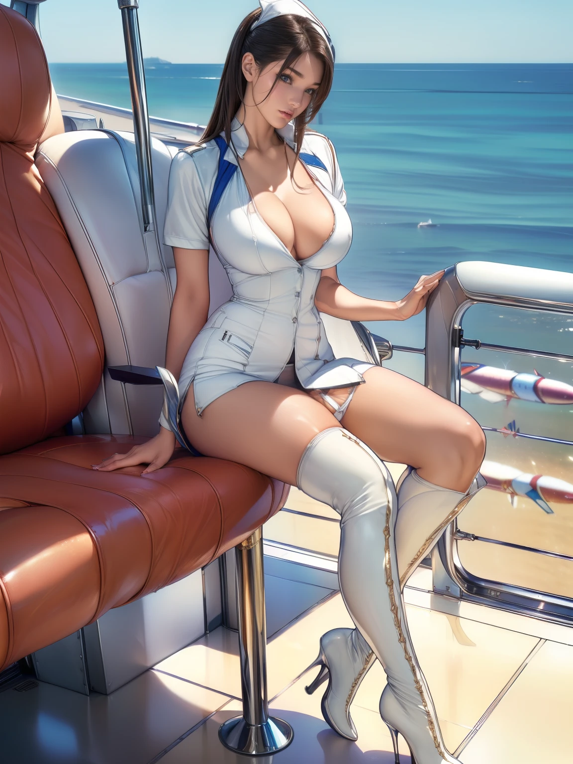 (8ก, Highest quality: 1.2), ((Draw Full Body, Show full body from head to toe, standing, body facing to the viewer (show front body)).Extremely detailed, thorough resolution, (realistic, realistic photo: 1.37), Portrait, high definition RAW color photograph, professionally arrested, high definition and beautiful, high definition, 8ก Image wallpaper, Amazing details, Big file size, highly detailed beautiful girl, Extremely detailed face, (Finely defined super beautiful eyes:1.8), The nose has a precise shape., expressive lips,(grand maison, seaside restaurant background:1.2) , one story, cute girl, realistic、 (Cinematic scene,Fantasy Art,Best Quality,High quality,High Definition,high quality texture,high detailing,Beautiful detailed,fine detailed,extremely details CG,Detailed texture,realistic representation of face,masutepiece,presence,Dynamic,Bold),1gir,Ultra detailed skin,Curve,(coverd nipple:0.9),Beautiful breasts,(ultra Large sagging breasts:1.2), pale skin,pointed breast,inverted nipples,(Ultra Thin hair),(Ultra Soft hair),(ultra straight hair),Swept long bangs,very light coppery amber hair,Hair over one eye,very skinny body,smart abs,(sexy flight attendant uniform:1.5),(White Stretch knee boots with high stiletto heels、Pointed toe, boots are pale white),