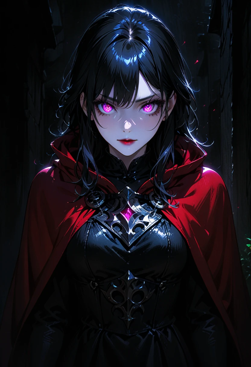(full body portrait), 1girl, solo, (holding weapon), sword, (long messy black hair), detailed face, mischief expression, pale white skin, pink eyes, (detailed eyes), long eyelashes, black eye liner, red lipstick, black tunic, red cloak, long dress, leather glove, (chest armor), moonlight, hard lighting, blue light, cold light, (medieval theme), (masterpiece), super detailed, best quality, POV, dw01-3400