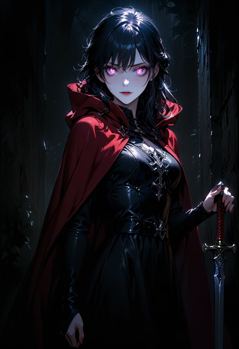 (full body portrait), 1girl, solo, (holding weapon), sword, (long messy black hair), detailed face, mischief expression, pale white skin, pink eyes, (detailed eyes), long eyelashes, black eye liner, red lipstick, black tunic, red cloak, long dress, leather glove, (chest armor), moonlight, hard lighting, blue light, cold light, (medieval theme), (masterpiece), super detailed, best quality, POV, dw01-3400