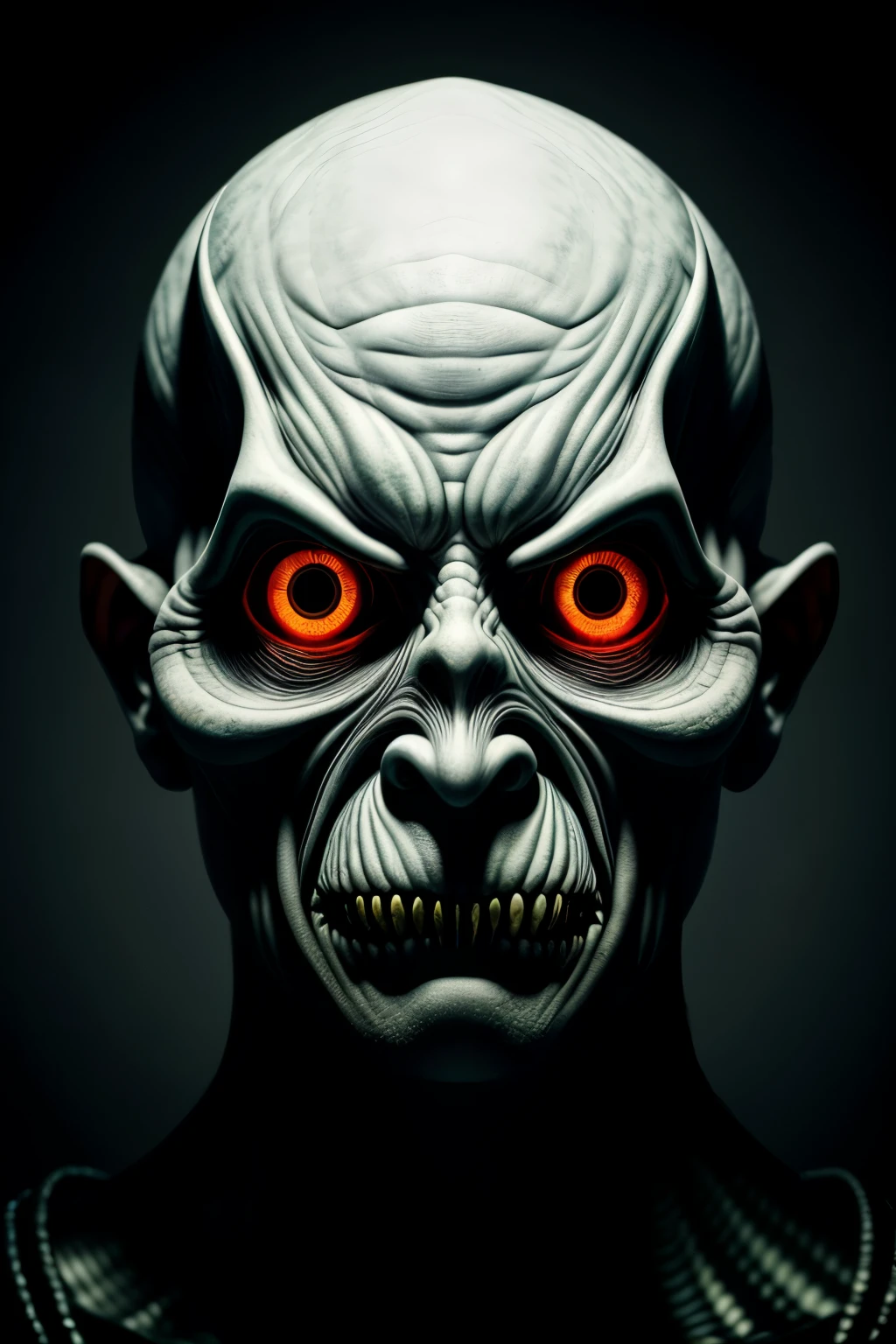 In this intricately detailed and chilling image, an optic illusion unfolds as a close-up frame reveals a disturbingly creepy monster face. The fine hairs on its scalp seem to ripple in the RAW style, capturing every minute detail in high resolution. The monster's eyes, filled with an eerie glow, are surrounded by darkness, enhancing the overall unsettling effect. The surrounding shadows, achieved through precise side lighting, add to the illusion, making it appear as if the monster is leaping out of the frame. The RAW quality of the photograph brings out the frightening texture of the monster's Skin, from the rough scales to the wrinkles on its forehead