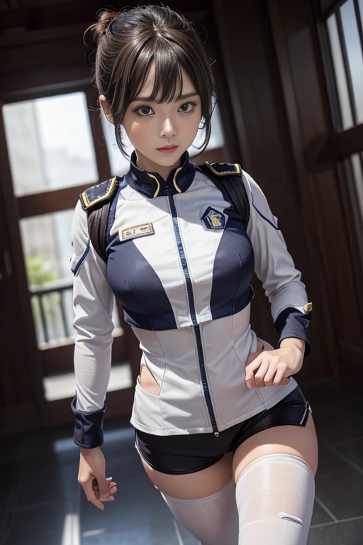 、Earth Federation Operator Girl Soldier、((Shiny skin 1.5)),((Sweaty 1.3)),Black short hair、Cute like an idol、Childish face and appearance、Accurately drawn faceiniskirt Earth Federation Uniform))、White and blue uniform、(A uniform that fits your body:1.3)、Very 薄い thighs、Inside the bridge of a battleship、Low angle shot、Anatomically correct、Accurate Fingers、Accurate Rimbuster Piece、Photorealization