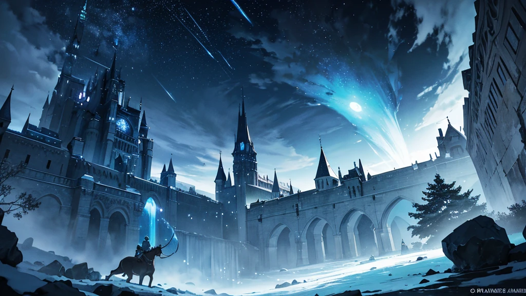 The image depicts a breathtaking and fantastical nighttime scene centered around a magnificent ruby-red castle. The castle, crafted entirely from pure, radiant ruby, glows intensely with a fiery, crimson light. Its towers and turrets sparkle with a vibrant, gem-like brilliance, casting a warm, enchanting hue across the surrounding landscape.

Encircling the castle are massive green stone walls, made of a luminous, emerald-like material. These walls shimmer with a clean, verdant light that contrasts beautifully with the fiery glow of the ruby castle. The walls are intricately designed, with glowing runes and patterns that pulse softly with a magical energy.

Standing atop the walls are figures shrouded in mystery, their forms obscured but their presence unmistakable. They radiate a blue aura that adds a mystical dimension to the scene. Each figure wields a sword that emits a dual glow, combining hues of red and blue, creating an effect of dynamic, shifting light.

The night sky is alive with celestial wonder. A full, luminous blue moon dominates the sky, casting an ethereal light over the scene. The moon’s intense blue glow contrasts with the surrounding darkness, enhancing the magical ambiance of the setting.

In the sky, a cluster of large, glowing meteors streaks across the firmament. These meteors are radiant with shades of red, blue, and green, leaving fiery trails that illuminate the night sky. Their brilliance adds a dramatic, cosmic element to the scene, complementing the glowing beauty of the castle and the stone walls below.

The overall composition of the image blends the majesty of the glowing castle and walls with the awe-inspiring spectacle of the celestial phenomena, creating a vivid and captivating fantasy landscape.
