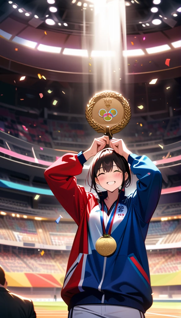 Masterpiece, Best Quality, Super Detailed, High Definition, HDR, Depth, Fine Texture, Super Fine, Complete concentration, award-winning moment, emotional expression, athlete holding a gold medal, Olympic podium, dramatic lighting, cheering crowd, confetti falling, joyful tears, smile of triumph, sports uniform, celebratory atmosphere, intricate details, volumetric lighting, lens flare, cinematic light, vibrant colors, vivid colors, professional, ultra-detailed, intricate details, dynamic composition, depth of field, detailed textures, triumphant pose, sense of accomplishment, Olympic Games 2024 Paris, Olympic rings, proud moment, gold medal ceremony
