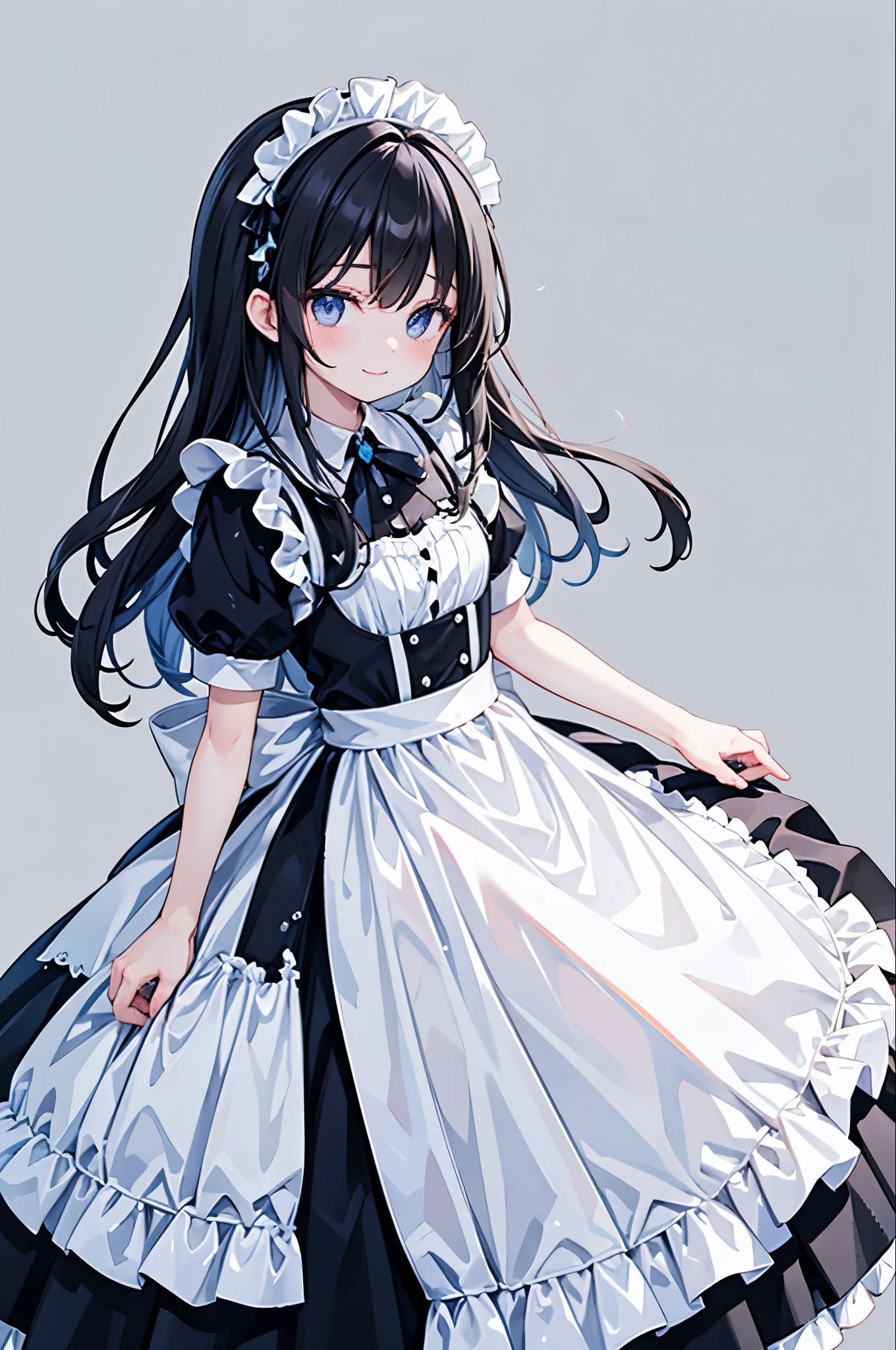 high resolution,smile,woman,woman1人,adult,cute, Black Hair,BREAK, Light blue eyes,BREAK,
Maid clothes,BREAK,Facing forward,BREAK,Light blue background,