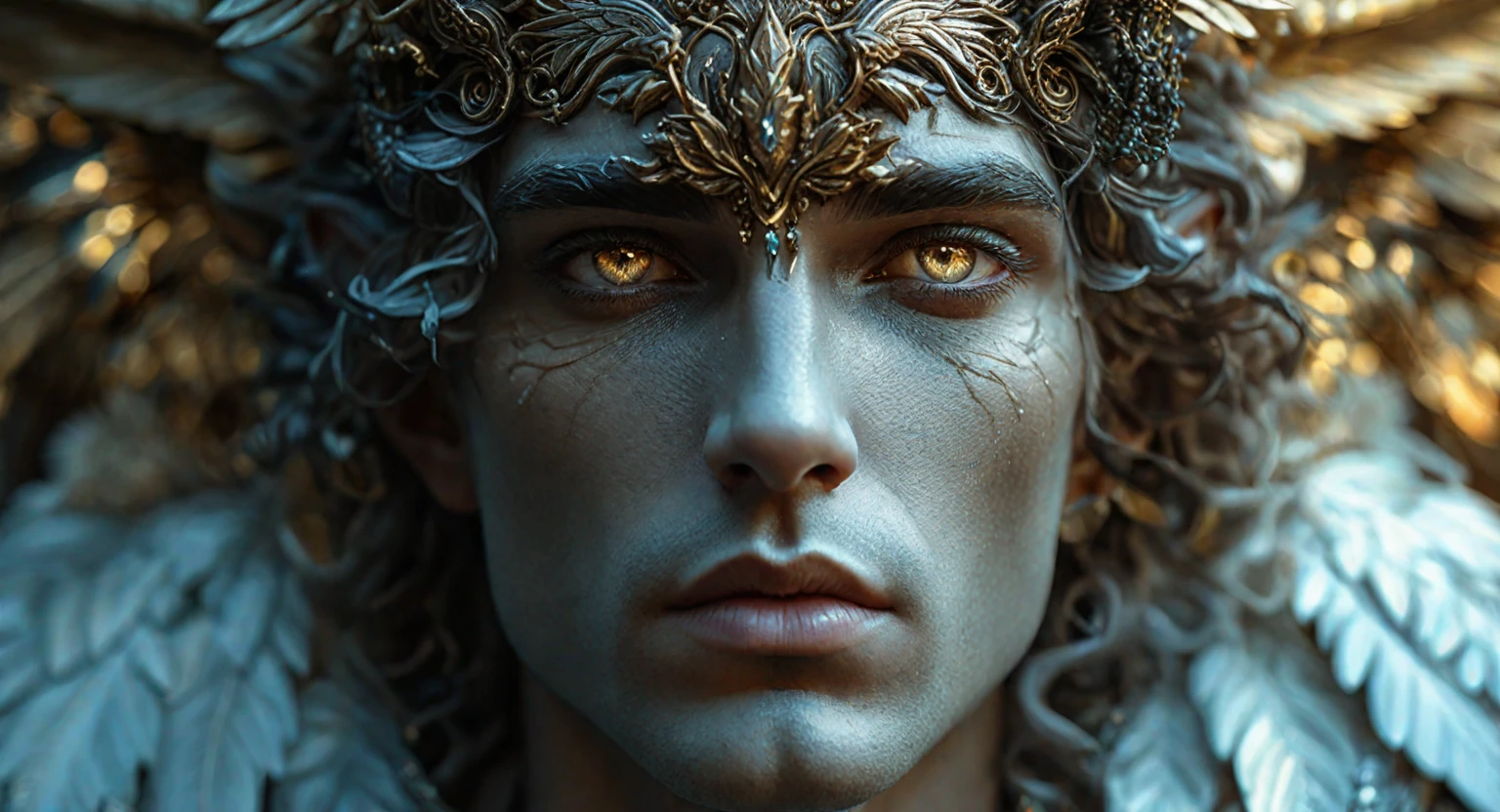spiked statue of a man with crown and wings, detailed matte fantasy portrait, hyperdetailed fantasy character, fantasy male portrait, Cute male elf, a portrait of a male elf, portrait of a slender elf man, high-detailed face, beautifull detailed face, goddess. extreme hight detail, silvery skinned male elf, Fantasy with 4K detail