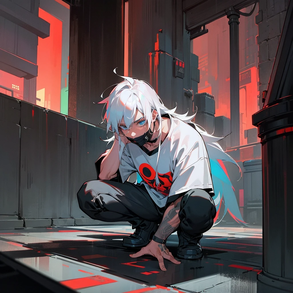 neon cyberpunk drawing style, white haired guy squatting in the alley, skyscrapers and moon in the background, night, he holds a bat with the inscription freak in his right hand and throws it over his head, He is dressed in a black leather raincoat, a white T-shirt with print the "Look at the Devil CRYING", and wears a black mask covering the lower half of his face, red outline