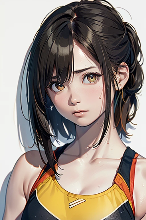 (Highest quality, 8k, Oil, Tabletop:1.2), Very detailed, (Realistic, Realistic:1.37), (((Full Body Shot)))、Bright colors, (((My face is sweaty)))、(((Yellow sports bra)))、(((English Print Sports Bra)))、(((２０Women of a certain age)))、(((Yellow sports bra)))、(((The sports bra has text printed on it)))、(((Slightly smaller chest)))、 (((Black Hair)))、(((Bob hair up to the shoulders)))、((( White Background))), (((Tired look)))、(((Heavy breathing)))、(((Girlish hairstyle)))、(((Beaver)))、(((In front of a white wall)))、(((There is nothing above the head)))、