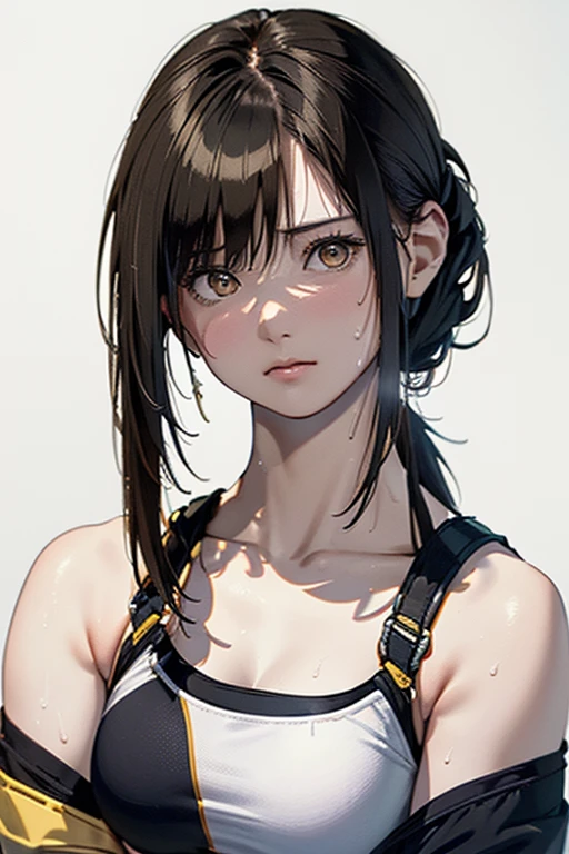 (Highest quality, 8k, Oil, Tabletop:1.2), Very detailed, (Realistic, Realistic:1.37), (((Full Body Shot)))、Bright colors, (((My face is sweaty)))、(((Yellow sports bra)))、(((English Print Sports Bra)))、(((20Women of a certain age)))、(((Yellow sports bra)))、(((The sports bra has text printed on it)))、(((Slightly smaller chest)))、 (((Black Hair)))、(((Bob hair up to the shoulders)))、((( White Background))), (((Tired look)))、(((Heavy breathing)))、(((Girlish hairstyle)))、(((Beaver)))、(((In front of a white wall)))、(((There is nothing above the head)))、