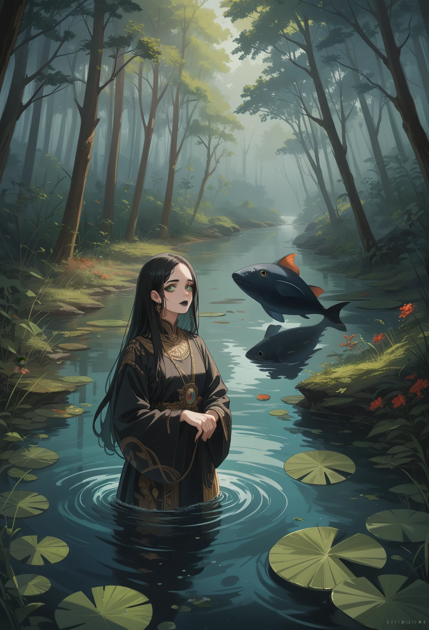 Girl 1,Вокруг Туман и a mystic,Natural river in ancient forest, mirror reflection on the river,gorgeous beautiful face, Neckline with leaves and splashes of water,black makeup and black lipstick, dark atmosphere,Clear colors,long hair,Fishes swim in the river,standing in the water,clear detail,bright green eyes,Dressed in Lightweight Patterned Fabric, Got wet from water,Hands lead on water,Forming a small ripple,Clear drawing,Not Common Colors,a mystic,Black purple,Image of a Beauty with a Perfect Body,Like a Goddess, An unimaginable masterpiece,Clear Details and Rendering,Maximum Quality,8k Ultra Detail