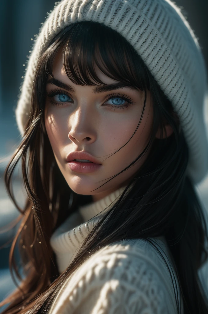 Megan Fox, portrait, ultra detailed Nordic eyes, bangs, knit sweater, winter, (((masterpiece, ultra detailed face))).