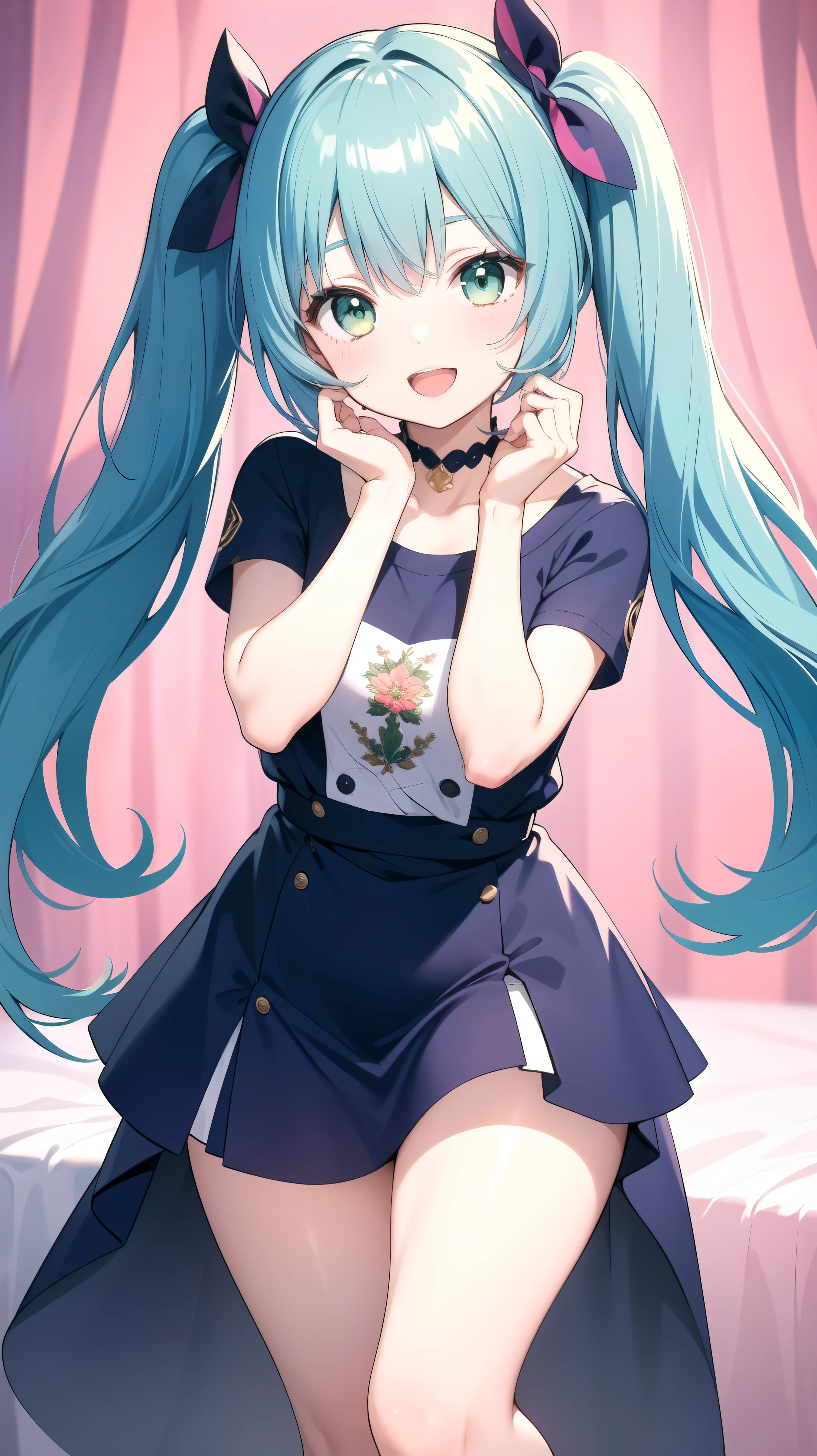 masterpiece, Highest quality, One girl, Blue Hair, Green Eyes, Twin tails, pretty girl, Happy, View your viewers