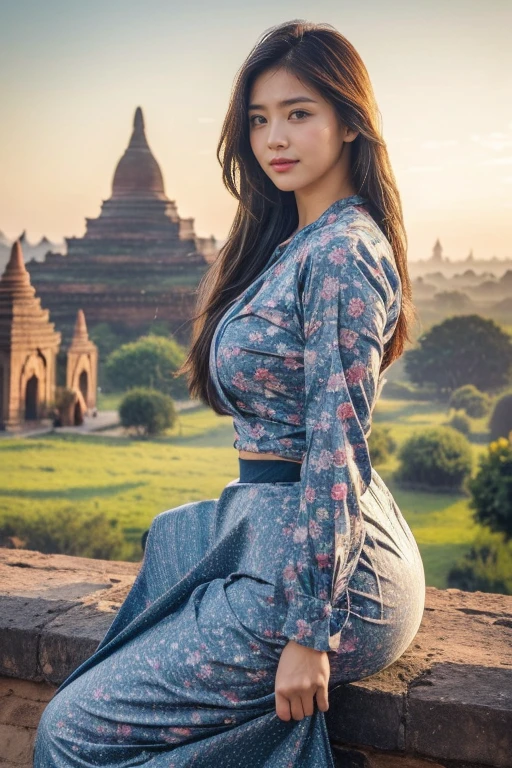 (Masterpiece, best quality , high resolution:1.2), (Realistic picture:1.2), (complex and beautiful:1.2) , Detailed light, light, (Colorful and dynamic corners), upper body shot, Fashion Photography, 1 woman, Um, what about the outfit?, Wear a mm shirt, blue top, long sleeve, Wear a long skirt., Blue long skirt, print skirt, Posing for pictures, long straight hair, Just kidding., Looking with a playful and mocking expression, Spark curiosity and attraction, charming, outdoor, view, traditional media, sky, day, background image, Real world position, architecture, nature, ruins, terrain, Bagan ancient pagoda background