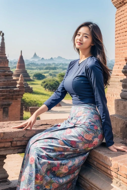 (Masterpiece, best quality , high resolution:1.2), (Realistic picture:1.2), (complex and beautiful:1.2) , Detailed light, light, (Colorful and dynamic corners), upper body shot, Fashion Photography, 1 woman, Um, what about the outfit?, Wear a mm shirt, blue top, long sleeve, Wear a long skirt., Blue long skirt, print skirt, Posing for pictures, long straight hair, Just kidding., Looking with a playful and mocking expression, Spark curiosity and attraction, charming, outdoor, view, traditional media, sky, day, background image, Real world position, architecture, nature, ruins, terrain, Bagan ancient pagoda background