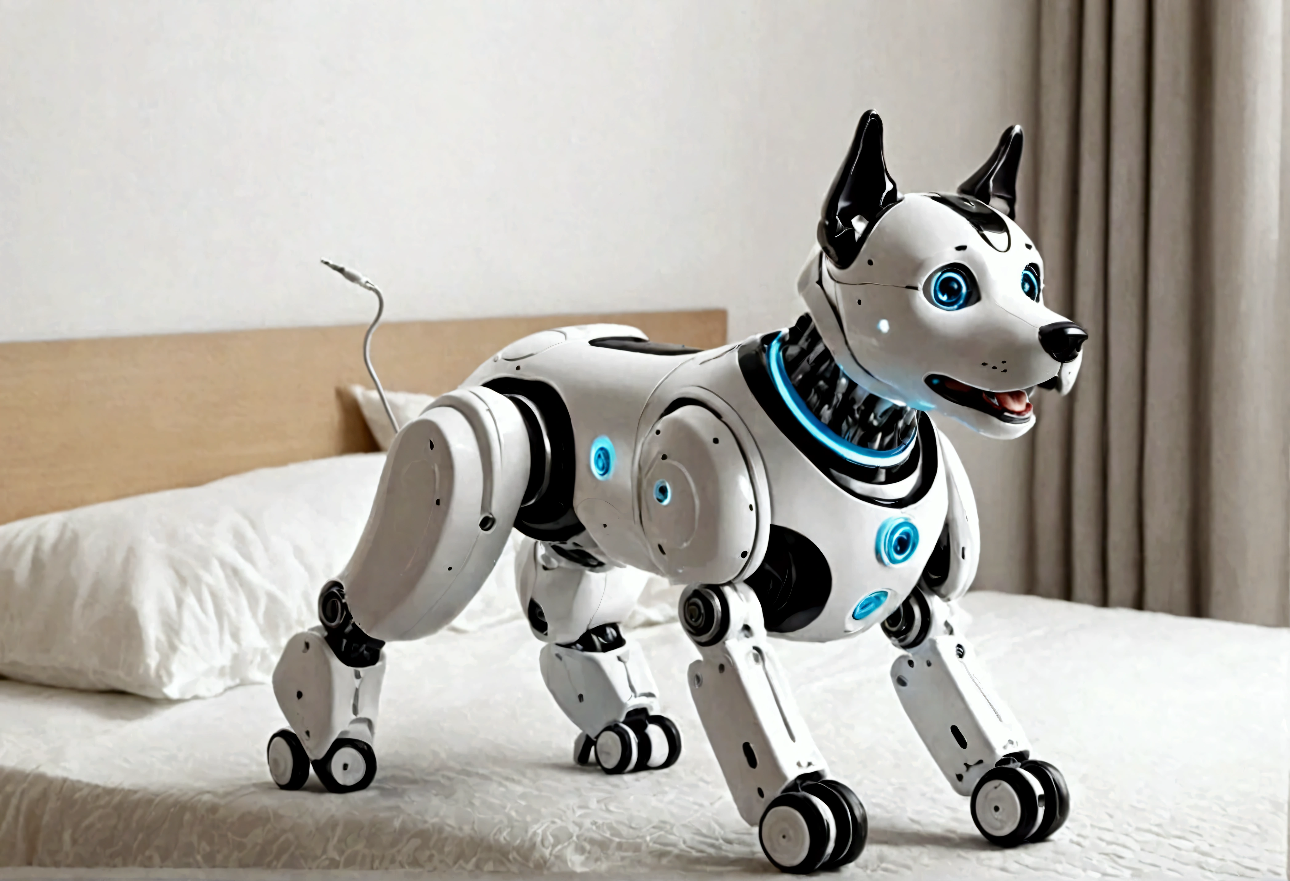 A happy obviously mechanical robot dog designed for children to play with,  bedroom