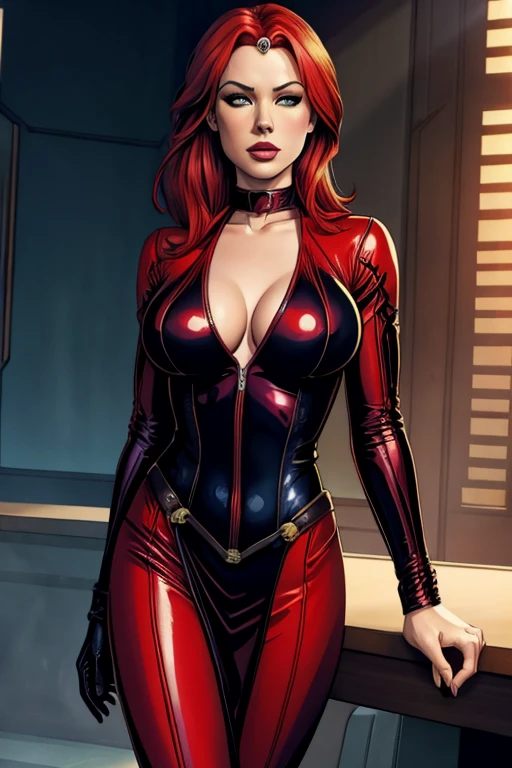 Mara Jade from Star Wars, short straight ginger hair, naked, perky breasts, black leather bodysuit, black velvet cloak, Sexy pose, Battle stance, smile