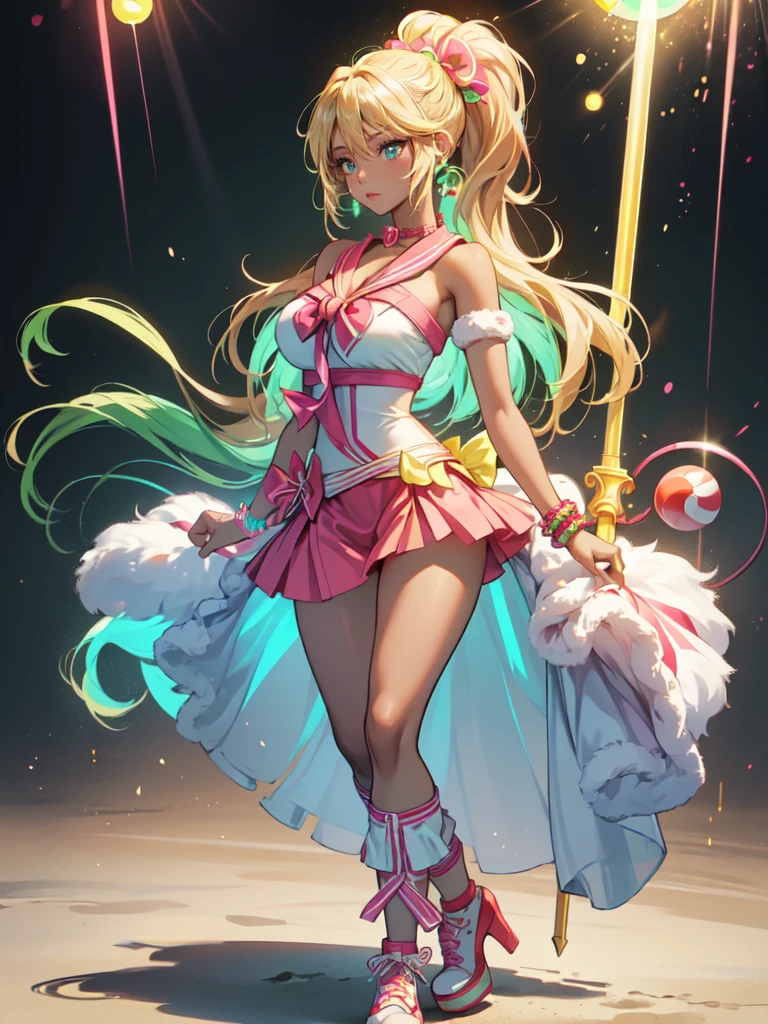 1 girl, (gyaru), [ganguro], long blonde hair, dark skinned girl, curly hair, light blue eyes, eye shadow (neon green), neon green lipstick, neon yellow nail polish, big breasts, [huge breasts], micro bikini, miccro bikini top only white coat, open coat, black sailor collar, [miniskirt], aquamarine pencil skirt, (high waist skirt: 1.5), (puffy leg warmers), sports shoes, (platform sports shoes) and high heels, wide beaded bracelets, female warrior, weapon, [mace], (holding) a translucent red (lollipop mace: 1.0) in her right hand), buckler, (on her left arm a mint candy buckler: 1.0), standing, legs spread,