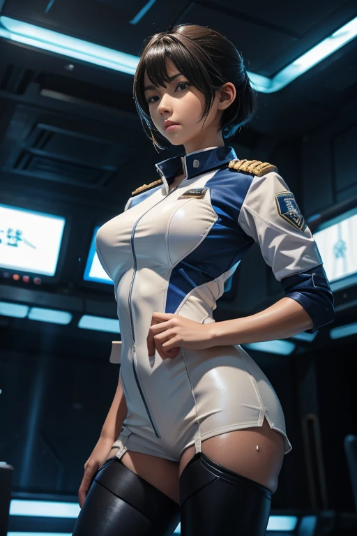 15-year-old girl、Earth Federation Operator Girl Soldier、((Shiny skin 1.5)),((Sweaty 1.3)),Black short hair、Cute like an idol、Childish face and appearance、Accurately drawn faceiniskirt Earth Federation Uniform))、White and blue uniform、(A uniform that fits your body:1.3)、Very 薄い thighs、Inside the bridge of a battleship、Low angle shot、Anatomically correct、Accurate Fingers、Accurate Rimbuster Piece、Photorealization