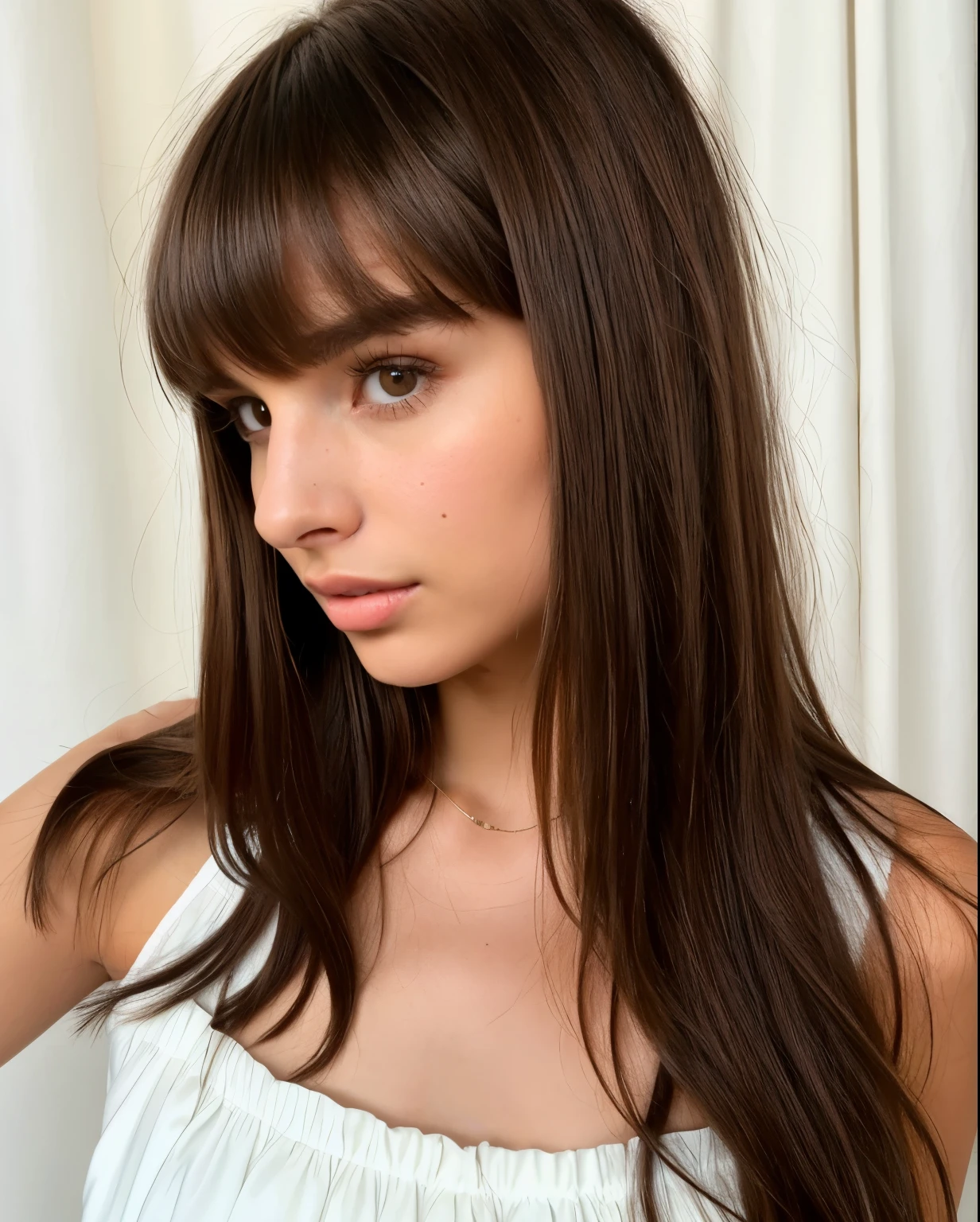 There is a woman who brushes her hair with a comb., brown hair and bangs, Brown hair with bangs, brown bangs, long brown hair with bangs, Portrait Emily Ratajkowski, brown hair bangs, Emily Ratajkowski, brown bangs grande, with bangs, clean hair with bangs, curtain fringe, olivia blame, long bangs, long hair with bangs yellow eyes