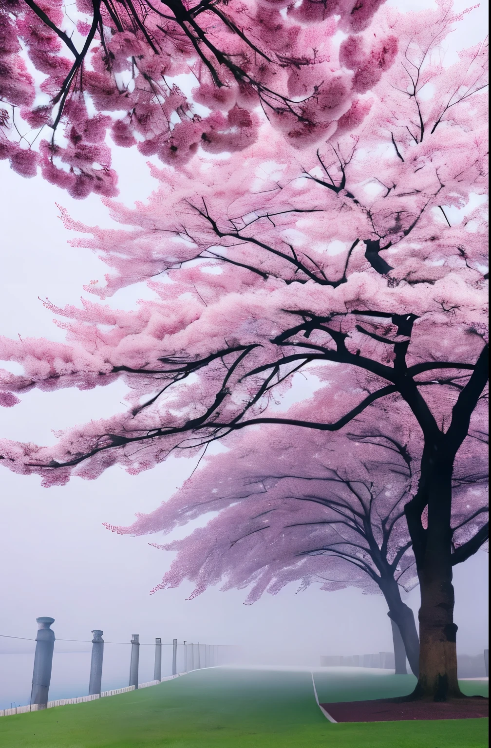 there is a tree with pink flowers in the foggy area, extremely beautiful and ethereal, spring early morning, misty garden, incredibly ethereal, cherry blossom forest, cherry blossom, cherry blossoms, flowers and trees, detailed trees in bloom, cherry blossom tree, cherry tree in the background, by Xie Shichen, by Cheng Jiasui, very ethereal, beautiful!!!!!!!!!