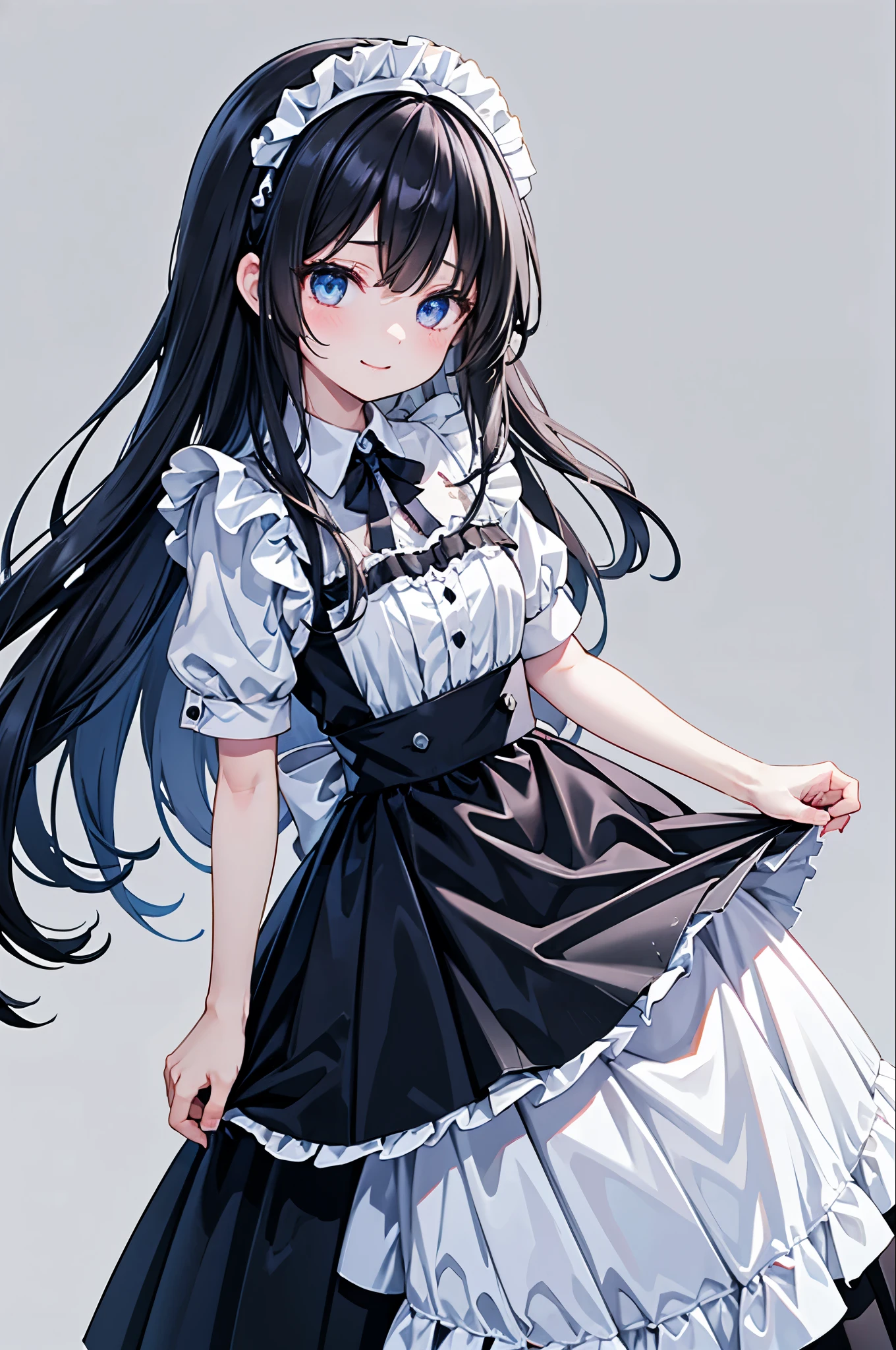 high resolution,smile,woman,woman1人,adult,cute, Black Hair,BREAK, Light blue eyes,BREAK,
Maid clothes,BREAK,Facing forward,BREAK,Light blue background,