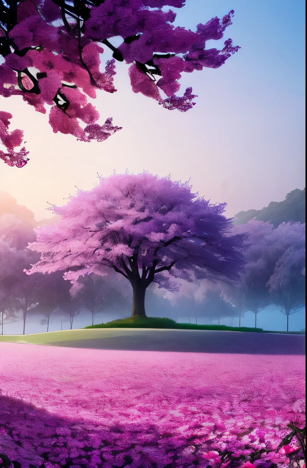 there is a tree with pink flowers in the foggy area, extremely beautiful and ethereal, spring early morning, misty garden, incredibly ethereal, cherry blossom forest, cherry blossom, cherry blossoms, flowers and trees, detailed trees in bloom, cherry blossom tree, cherry tree in the background, by Xie Shichen, by Cheng Jiasui, very ethereal, beautiful!!!!!!!!!