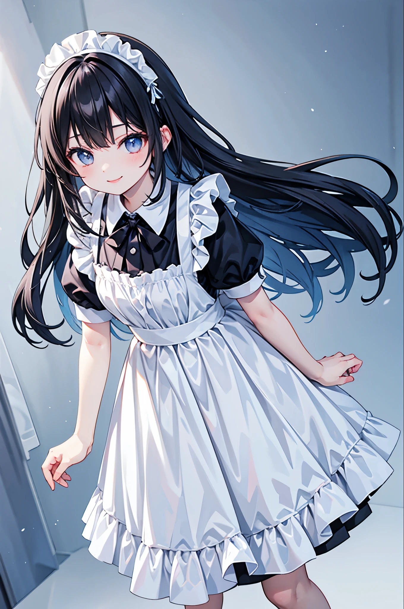 high resolution,smile,woman,woman1人,adult,cute,smile, Black Hair,BREAK, Light blue eyes,BREAK, Maid clothes,BREAK,Facing forward,BREAK,Light blue background,