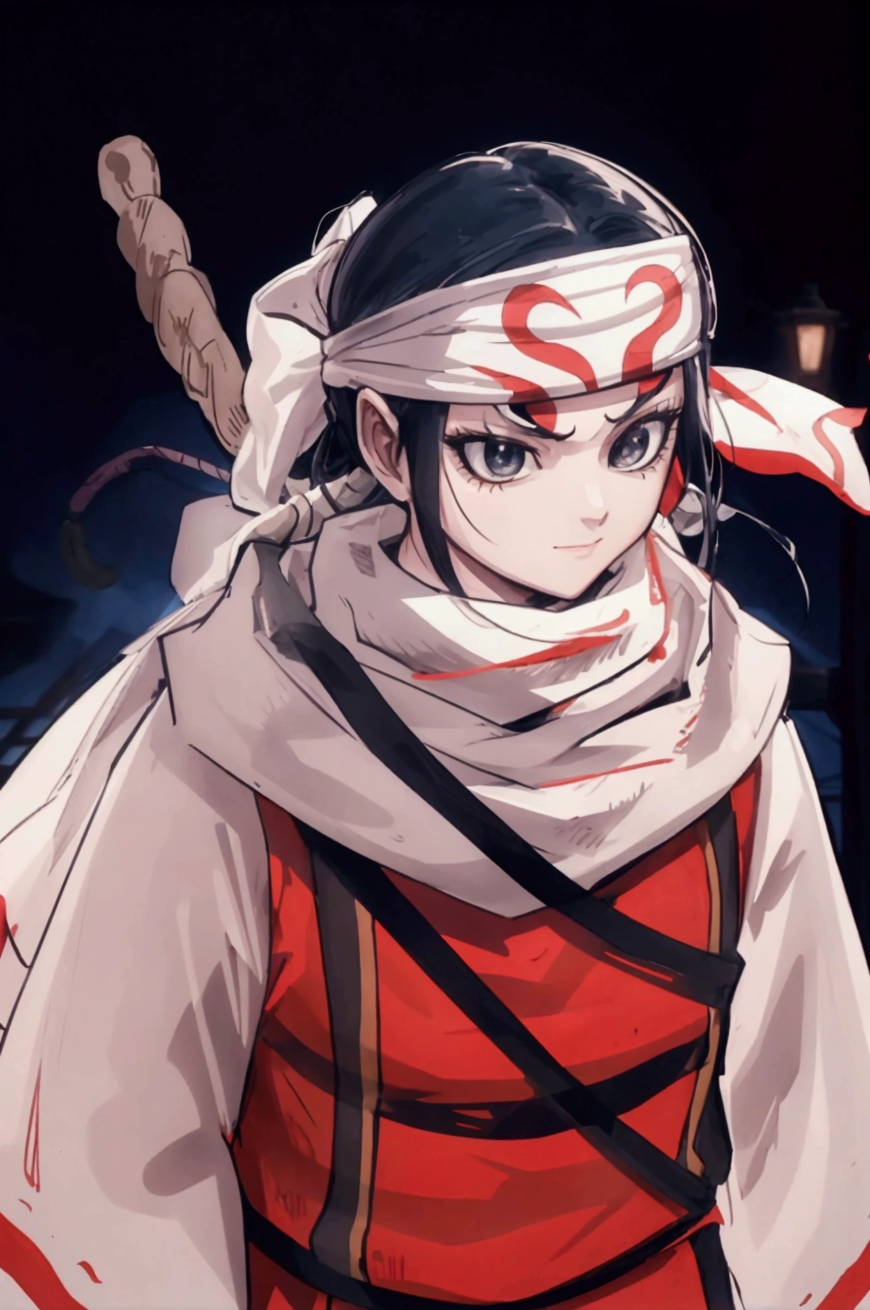 child standing bandana on forehead cowl kyoukai sweet child guarding small room sentry cowboy shot evil smile