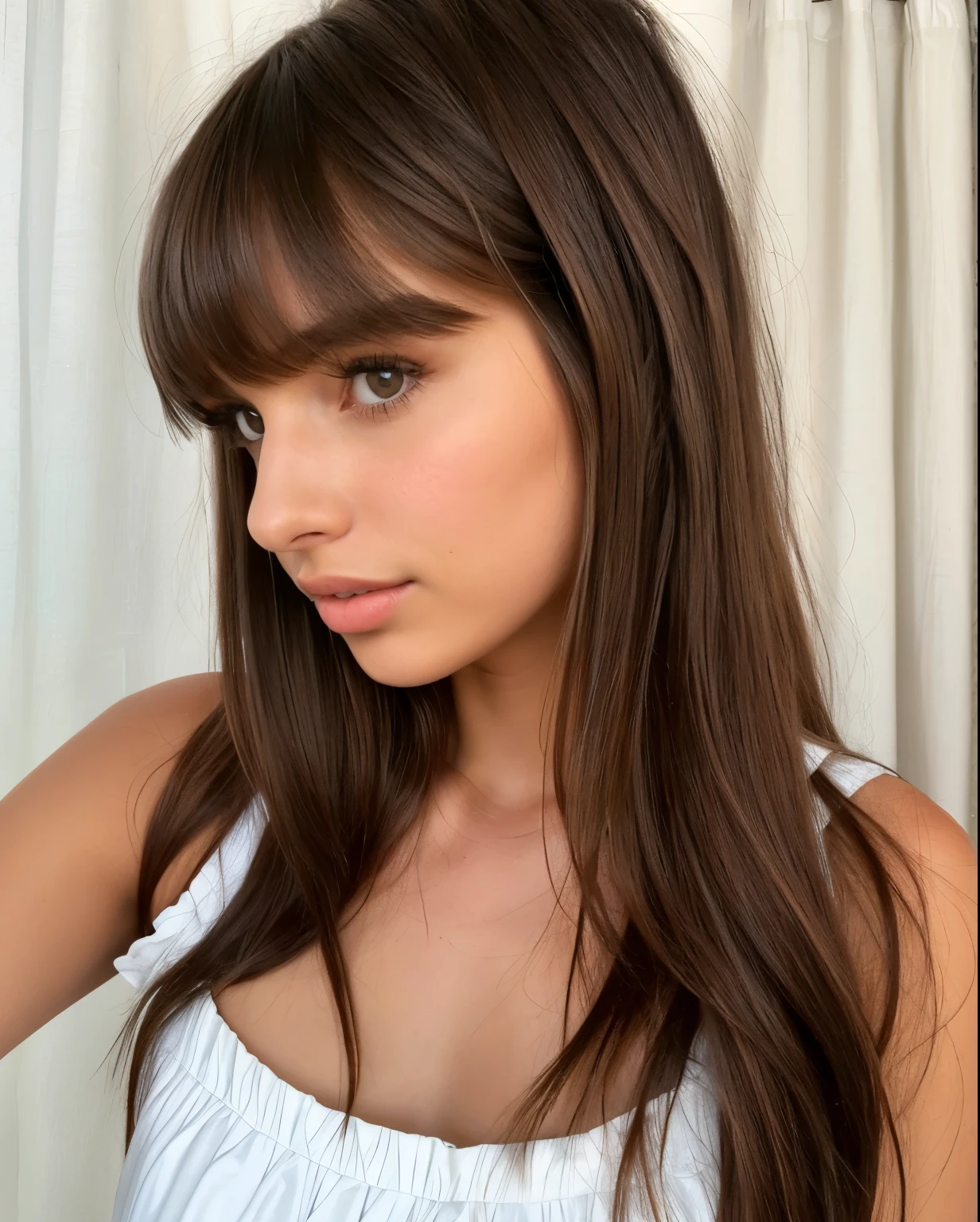 There is a woman who brushes her hair with a comb., brown hair and bangs, Brown hair with bangs, brown bangs, long brown hair with bangs, Portrait Emily Ratajkowski, brown hair bangs, Emily Ratajkowski, brown bangs grande, with bangs, clean hair with bangs, curtain fringe, olivia blame, long bangs, long hair with bangs yellow eyes