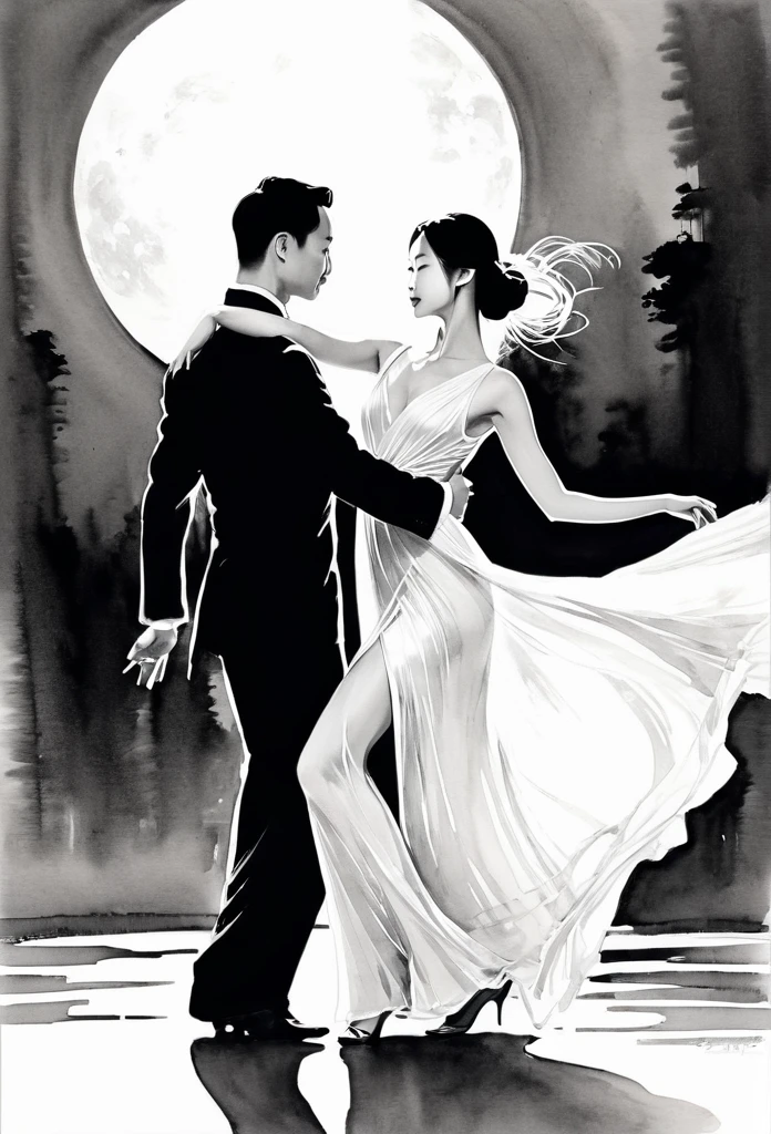 Elegant maiden,black and white ink painting,Pen sketch,Gentle brushstrokes,Draw delicate lines with a pen,Fluid Action,Subtle ink shades,Graceful posture,a chinese girl in transparent long white dress dance tango with a man in parklake in moonlight,Black and White,clean