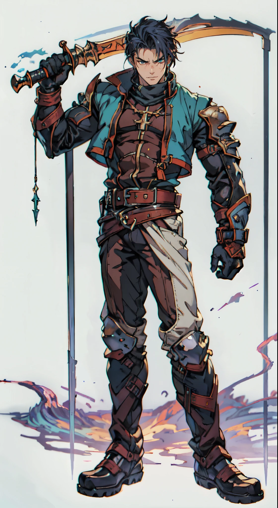 (masterpiece:1.2, best quality:1.2, extremely delicate:1.2), ((male:1.5)), a young man with short blue-purple hair, side-swept bangs covering one eye, a confident expression, a scar on the bridge of his nose, a slight smile on his lips, a dark green scarf around his neck, a fantasy-reality style rogue outfit, an open dark short vest, a layered futuristic tight armor underneath that emits a silver-blue glow, small fitted shoulder armor, matching arm guards and shin guards, a two-piece leather belt at his waist, layered canvas trousers, tall boots, he holds a serrated blade horizontally behind him with his raised right hand, standing imposingly on a windy and sandy hillside, this character embodies a finely crafted fantasy-reality-style rogue in anime style, exquisite and mature manga art style, dramatic, high definition, highres, ultra-detailed, ultra-fine painting, professional, perfect body proportions, golden ratio, anatomically correct, symmetrical face, extremely detailed eyes and face, high quality eyes, creativity, RAW photo, UHD, 32k, Natural light, cinematic lighting, (masterpiece-anatomy-perfect:1.2)
