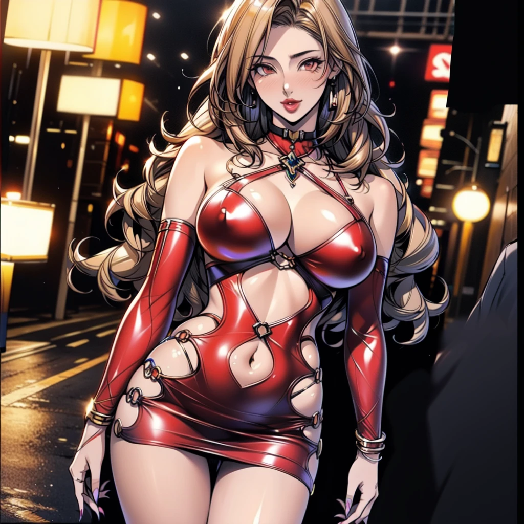 1girl,Alicia Viewsrtream, blonde hair, wavy hair, long hair, red eyes,red lips, (((bodycon)), cleavage, micro skirt, navel cutout, pinkish dress, ,incredibly absurdres,thighs,realistic,reality,hetero, best quality:1.4, intricate details, sharp focus, highres, elaborate atmosphere:0.90, 8K, 4K, UHD, 32k UHD resolution, Ultra Detailed 8K CG, ultra high res, High quality texture, High quality shadows, vivid colors, detailed eyes, depth of field, soft lighting, masterpiece, best quality, intricate, (lens reflection: 0.7), (flowering: 0.7), particle effects, ray tracing, tone mapping, highly detailed, concept art, smooth, sharp focus, dramatic lighting, highly detailed art,  trending on Artstation, 8K, amazing shadows, realistic, (highly detailed background: 1.2), 