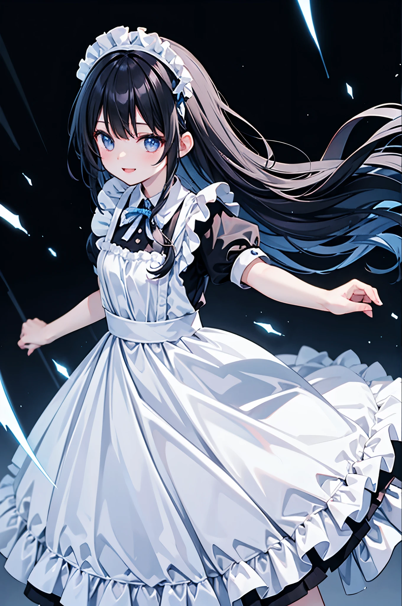 high resolution,smile,woman,woman1人,adult,cute,smile, Black Hair,BREAK, Light blue eyes,BREAK, Maid clothes,BREAK,Facing forward,BREAK,Light blue background,