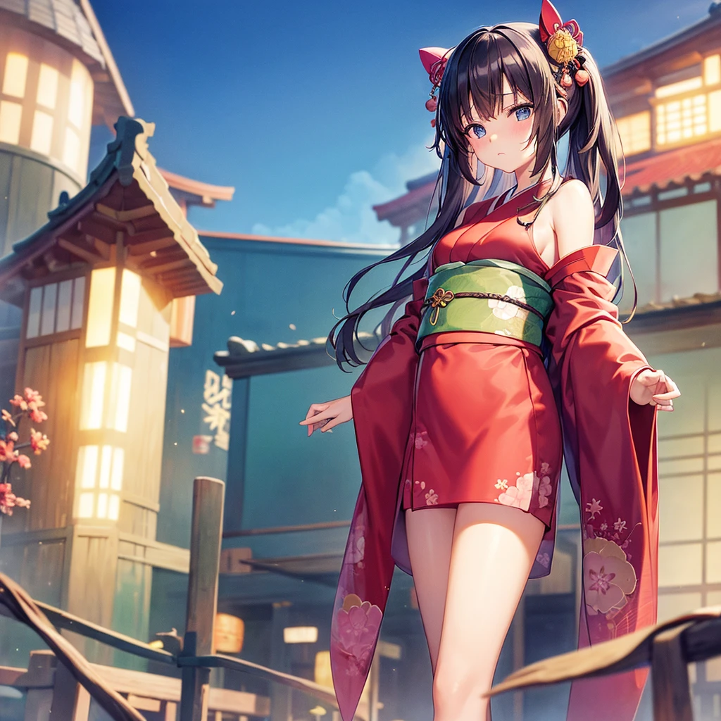 Cute girl with a sad expression、Japanese kimono、Body Shot、The background is a green screen