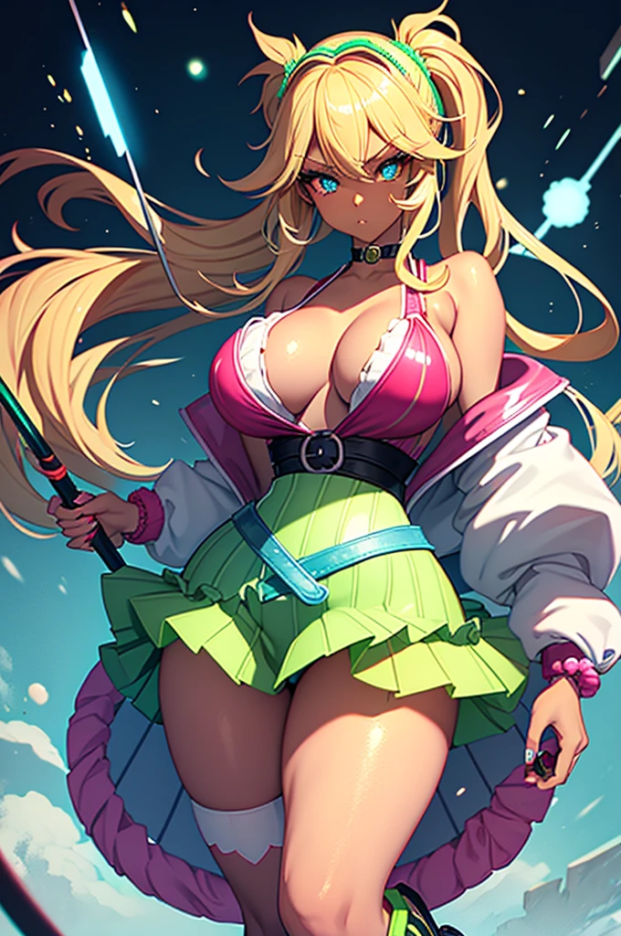 1 girl, (gyaru), [ganguro], long blonde hair, dark skinned girl, curly hair, light blue eyes, eye shadow (neon green), neon green lipstick, neon yellow nail polish, , [huge breasts], mkini, miccro bikini top only white coat, open coat, black sailor collar, [miniskirt], aquamarine pencil skirt, (high waist skirt: 1.5), (puffy leg warmers)orts shoes, (platform sports shoes) and high heels, wide beaded bracelets, female warrior, weapon, [mace], (holding) a translucent red (lollipop mace: 1.0) in her right hand), buckler, (on her left arm a mint candy buckler: 1.0), standing, legs spread,