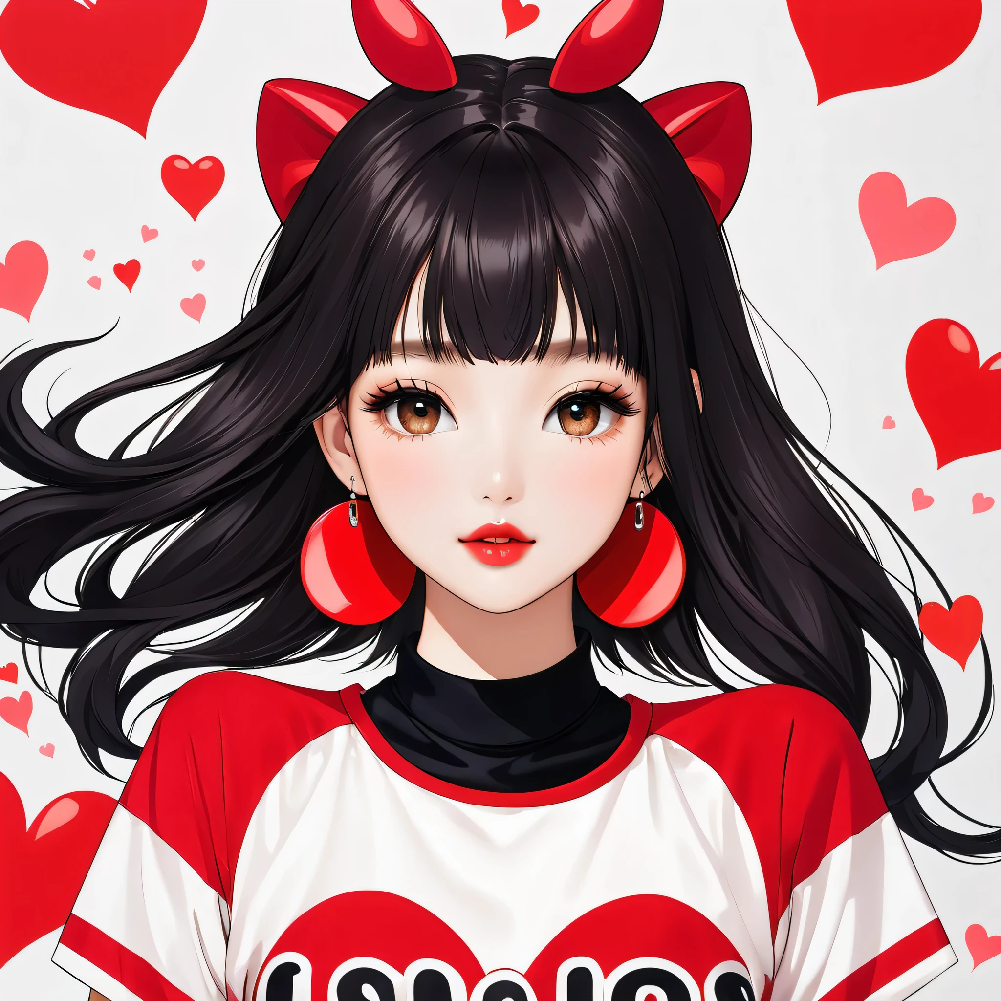 Micho Red and White style, Simple Line Initialism，Abstract art，Urban Background, (((The most beautiful girl of all time))), Sweet face. Lips in love, colorful hearts, stylish design, 夏のオシャレなTシャツ, 黒い瞳, (((Cute Aliens)))