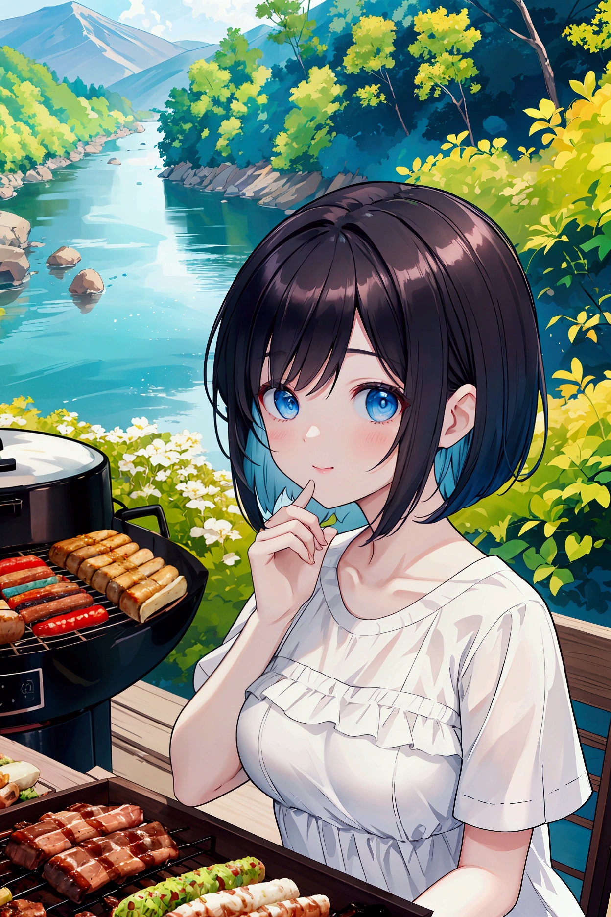 Photorealistic、Highest quality、Highest Resolution、Highest quality、８Ｋ、A beautiful woman enjoying a BBQ、Cute face、Bob cut hair、Dark Hair Color、Pale blue eyes、Beautiful breasts、Casual clothing、barbecue、river、Mountain、