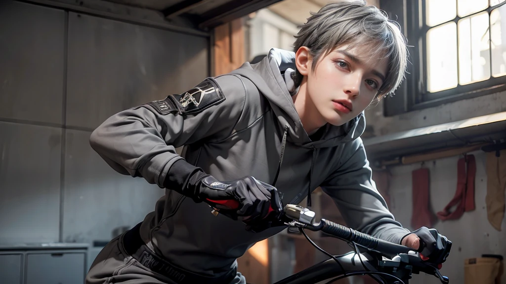 masterpiece,Game Art,Best picture quality,Maximum resolution,8K,(Upper Body),Unreal Engine 5 rendering works,(Digital Photography),((Upper BodyFeature:1.5)),(18 year old boy riding a bicycle),Short hair details,Short bangs,(The red eye makeup is carefully applied),(Has short grey hair:1.4),(Perfect body),Elegance and nobility,Brave and charming,(Grey hooded sweatshirt),student,Male Characters,Alley,light,Ray Tracing,Game CG,((3D Unreal Engine)),OC rendering reflection mode