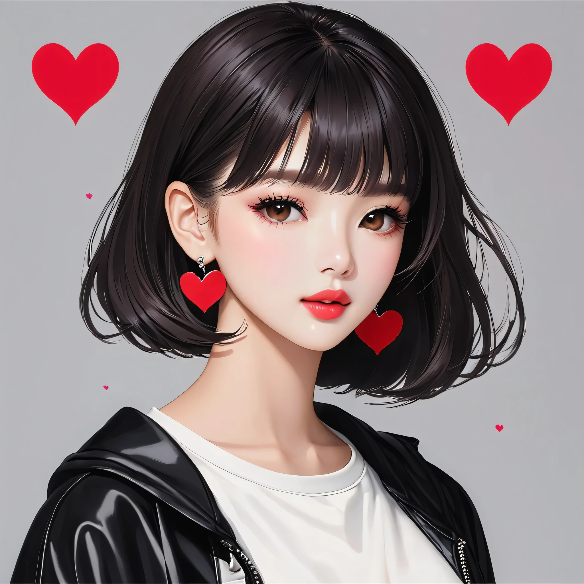 Micho Red and White style, Simple Line Initialism,Abstract art,Urban Background, (((The most beautiful girl of all time))), Sweet face. Lips in love, colorful hearts, stylish design, 夏のオシャレなTシャツ, 黒い瞳, (((Cute Aliens)))