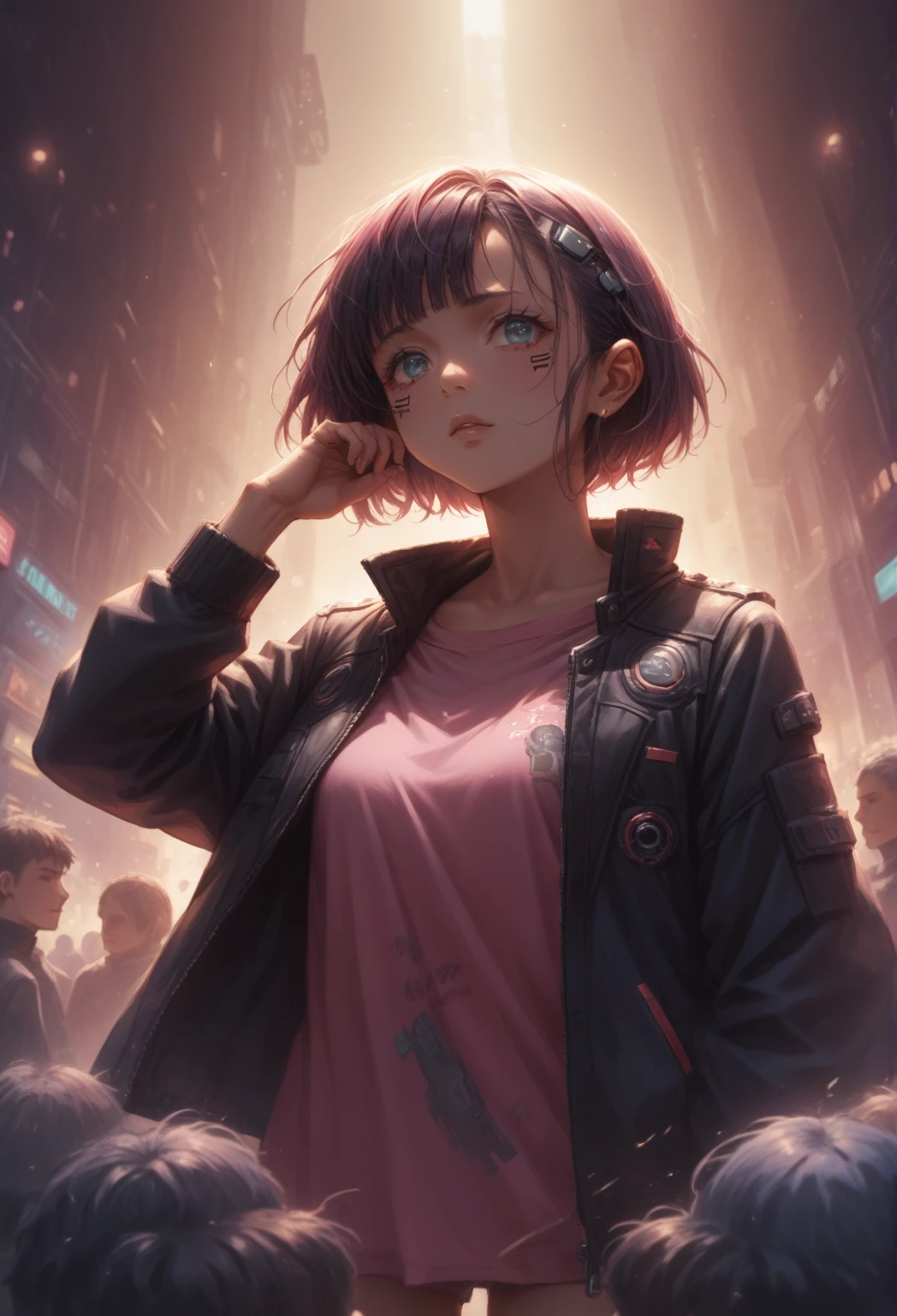 An anime girl in a pink shirt and black jacket stands in the crowd, artwork in the style of Gouvez, digital cyberpunk anime art, Ross Tran 8 К, style by Ross Tran, cyberpunk anime art, anime cyberpunk art, Gouvez, extremely detailed art germ, Ross Tran, anime girl cyberpunk, inspired Ross Tran, в стиле Ross Tranа