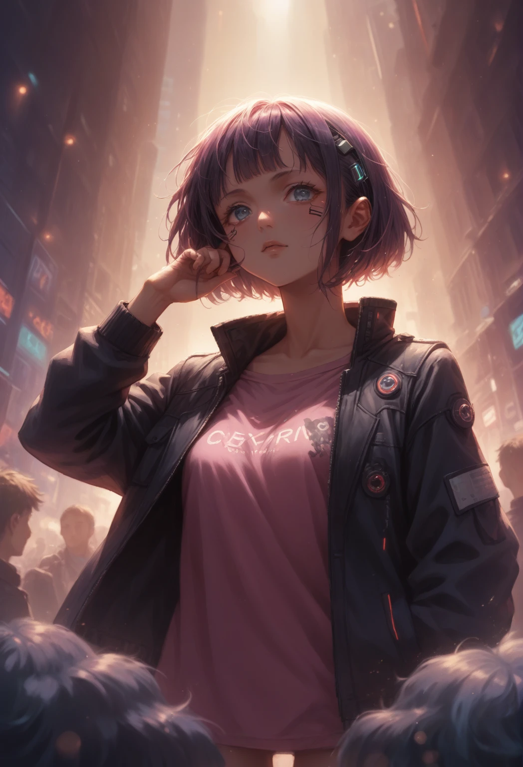 An anime girl in a pink shirt and black jacket stands in the crowd, artwork in the style of Gouvez, digital cyberpunk anime art, Ross Tran 8 К, style by Ross Tran, cyberpunk anime art, anime cyberpunk art, Gouvez, extremely detailed art germ, Ross Tran, anime girl cyberpunk, inspired Ross Tran, в стиле Ross Tranа